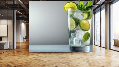 A crisp Gin and Tonic cocktail in a tall glass, clear liquid with ice cubes, garnished with lime wedges and mint sprigs, set against a plain white background, bright lighting, refreshing summer vibe. Wall mural