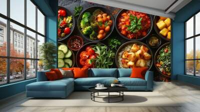 A delicious collage of vegetarian cuisine, showcasing a variety of salads, roasted vegetables, and quinoa bowls, each arranged on artisanal plates with intricate designs, Wall mural