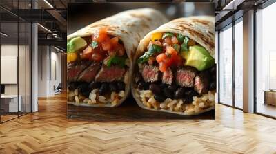 A delicious stuffed burrito cut in half, showing layers of seasoned rice, black beans, grilled steak, salsa, and creamy avocado, wrapped in a soft tortilla. Wall mural