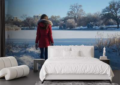 A girl in a chic red winter coat, with a cozy scarf, gloves, and fur-lined boots, strolling along a snow-covered path in a park, with a frozen lake and a clear blue sky, Wall mural