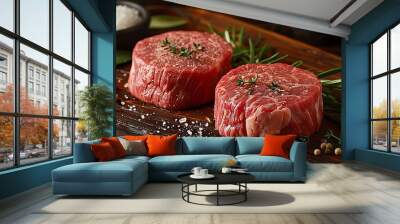 A high-definition shot of a raw filet mignon on a weathered wooden board, surrounded by fresh herbs, Himalayan salt, and cracked black pepper, soft, diffused natural light, detailed textures, Wall mural