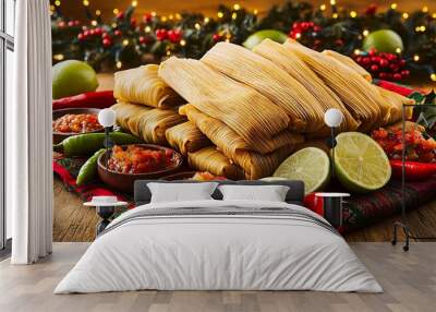 A holiday gathering featuring a large serving of tamales with various salsas, lime wedges, and chili peppers, set on a colorful Mexican cloth with Christmas lights and garlands in the background, Wall mural