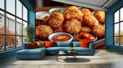 A party platter filled with crispy chicken nuggets arranged around a variety of colorful dipping sauces like ranch, barbecue, and honey mustard. The nuggets are golden and perfectly fried, Wall mural