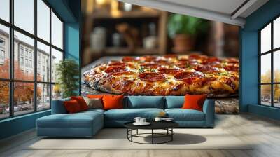 A perspective shot of pepperoni pizza slices with gooey cheese, placed on a wooden table, with a blurred background of a lively kitchen, sunlight filtering through, Wall mural