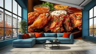 A platter of golden-brown fried chicken wings served with an assortment of sauces, including honey mustard and barbecue, on a wooden table. The lighting highlights the crunchy texture of the wings, Wall mural