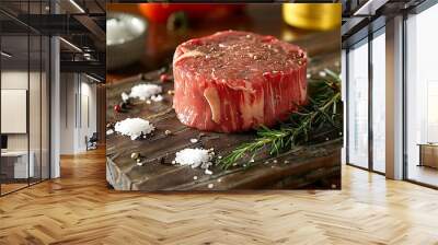 A raw filet mignon with intricate marbling, placed on a weathered wooden board, surrounded by fresh thyme, cracked black pepper, and sea salt, natural light enhancing the textures and colors, Wall mural