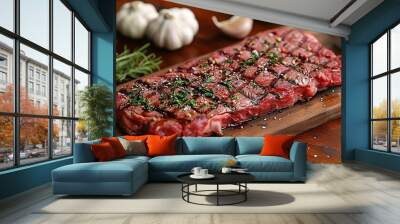 A raw porterhouse steak on a wooden wooden board, drizzled with olive oil and garnished with a mix of fresh herbs and garlic bulbs, warm golden hour light casting soft shadows, rich, warm tones, Wall mural