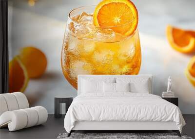 A refreshing Aperol Spritz cocktail in a wine glass, vibrant orange liquid with an orange wheel garnish, against a white background, bright and clean lighting, summer vibes.  --ar 16:9 --no logo Wall mural