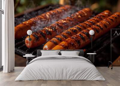 A set of hot dogs lined up on a grill, searing with visible grill marks, smoke rising around them. The hot dogs are juicy and golden brown, with a blurred backyard barbecue setting in the background, Wall mural