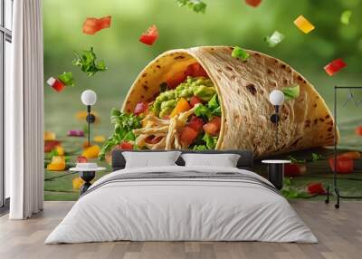 A single taco with colorful ingredients like guacamole, lettuce, and shredded chicken floating in mid-air, with some pieces hovering around, against a soft pastel green background. Wall mural