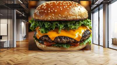 A sizzling, juicy burger close-up with melting cheddar cheese, crispy lettuce, and a sesame seed bun, oozing with rich sauce, against a blurred background of a busy fast-food kitchen. Wall mural