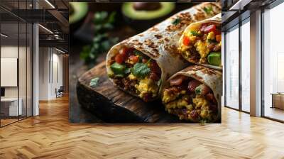 A top-down view of a breakfast burrito filled with eggs, bacon, cheese, and salsa, neatly arranged on a wooden table with a side of avocado slices and a cup of coffee, Wall mural