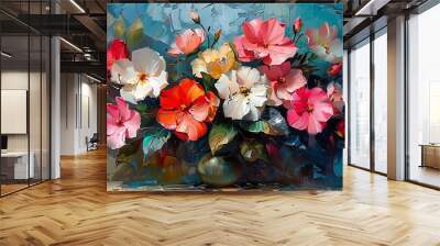 An abstract oil painting of gardenias, bold and vibrant colors with exaggerated brush strokes, capturing the essence and beauty of the flowers. Wall mural