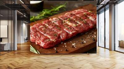 Close-up of a raw hanger steak on a wooden wooden board, garnished with fresh rosemary sprigs, black peppercorns, and crushed garlic, side lighting highlighting the marbling and textures, Wall mural