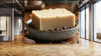 Cocoa butter and jojoba oil soap bar resting on a ceramic dish, rich creamy tones with visible cocoa butter chunks and oil droplets, surrounded by natural ingredients, soft warm light casting shadows, Wall mural