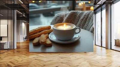 Evening in a cozy coffee shop, a candlelit table with a steaming cup of coffee, biscotti beside it, a wool blanket draped over a nearby chair, flickering candlelight creating a soft, Wall mural