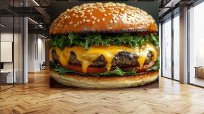 Extreme close-up of a mouthwatering burger, showcasing melted cheese dripping over a juicy patty, fresh lettuce and tomato, framed by a sesame seed bun. Wall mural