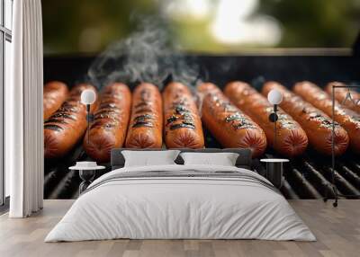 Juicy hot dogs lined up on a grill, sizzling with distinct grill marks and smoke curling from their surface. The background shows a blurred outdoor barbecue setting, bathed in warm sunlight, Wall mural