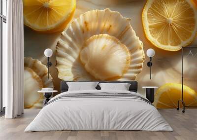 Overhead view of scallops on a light surface, nestled in shells with lemon slices, diffused natural light accentuating the scallops’ smooth texture, elegant and clean composition, Wall mural