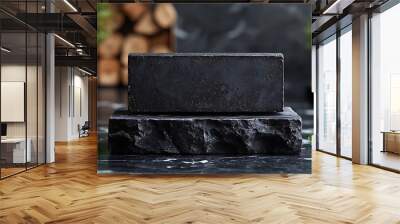 Single energy bar centered on a small, elevated ceramic block, plain matte black background, soft side lighting to highlight texture, minimalist layout, hd quality, crisp and clean design, Wall mural