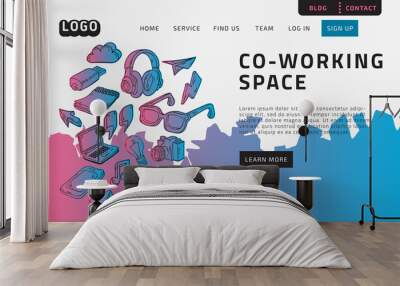 Co Working Coworking Space Desktop Landing Page For Web Website Template Design Example Front End With Hand Drawn Sketchy Line Art Drawings Illustrations Of Essential Related Objects Vector Graphic Wall mural