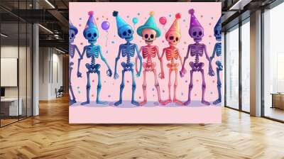 Colorful skeletons wearing party hats celebrate with balloons. Whimsical and festive digital art on a light background. Wall mural