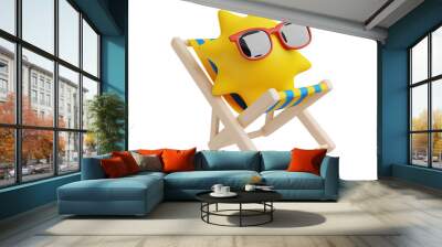 3d render illustration of Sun wearing sunglasses lying on beach chair isolated on white. Travel icon summer vacation concept Wall mural