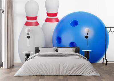 Blue bowling ball and pins isolated. Sports game goods and equipment icon. 3d Render illustration. Wall mural