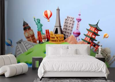 Famous monuments of the world grouped together on planet Earth with balloons. Travelling and holidays. Travel famous landmarks or world attractions concept. 3d Render illustration. Wall mural