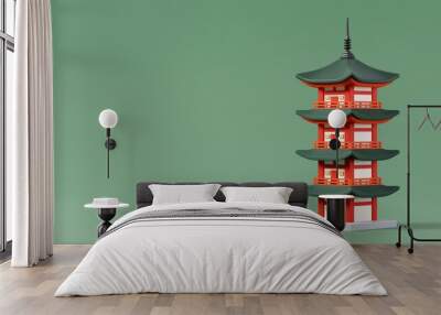 Japanese Traditional Red Pagoda Tower Isolated on Green Background. Travelling and holidays to Japan. Travel famous landmarks or world attractions concept. 3d Render illustration. Wall mural