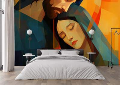 Abstract Jesus and Mary embracing, geometric blue orange and yellow background Wall mural