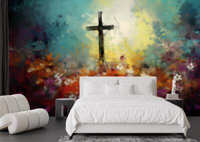 Impressionist painting of holy cross amidst vibrant colorful flowers  Wall mural