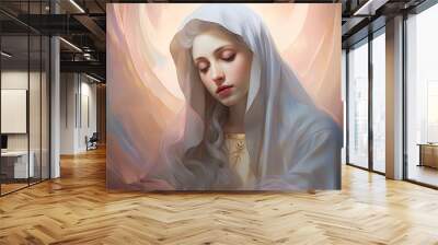 realistic blessed mother mary white robe pastel background color portrait Wall mural