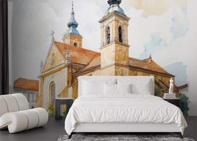 Watercolor painting of a historic church with two towers. Wall mural