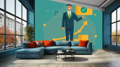 Businessman holding up arrow icon and percentage with graph indicators for investment growth Wall mural