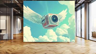 A cartoon camera with wings, flying through the sky and capturing beautiful aerial shots. Wall mural