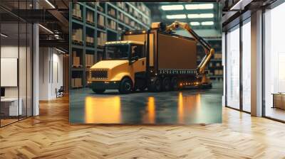 A delivery truck using a robotic arm to unload packages in an automated warehouse Wall mural