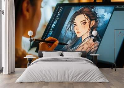 A digital art student practicing anime character designs on a graphic tablet Wall mural