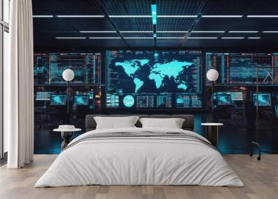 A global logistics control center with screens displaying shipment data, routes, and tracking information - Wall mural