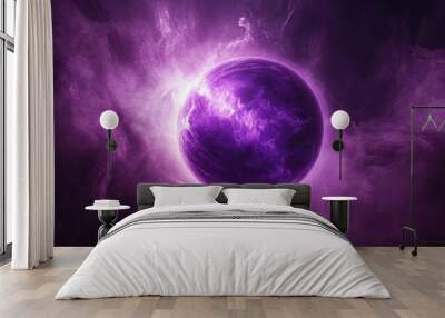 A glowing orb of violet light suspended in a dark void, casting soft, radial beams of light. Wall mural