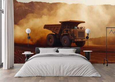 A large haul truck loaded with iron ore driving out of an open-pit mine, dust clouds following behind Wall mural