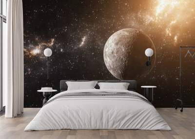 A space view of Mercury, with the Sun intense light illuminating the small, gray planet against the darkness of space Wall mural