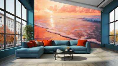 A sunset beach scene, with the sky painted in shades of orange and pink, reflecting on the water. Wall mural