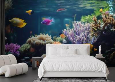 A tropical fish tank filled with colorful species, with corals and plants creating a lively underwater environment Wall mural