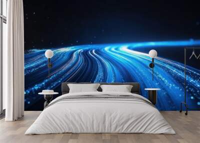 Bright blue streaks of light curving and weaving through a dark background, resembling a digital light trail. Wall mural