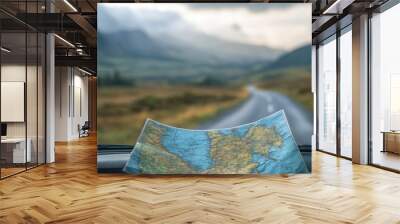 Folded map on a car dashboard during a road trip, with a scenic view in the background. Wall mural