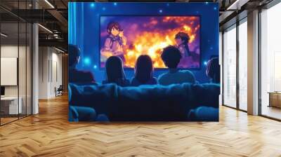 Friends watching the latest episode of an anime series on a big screen Wall mural