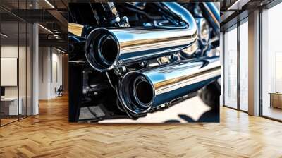 Gleaming chrome exhaust pipes of a motorcycle, reflecting the surroundings in their smooth surface. Wall mural