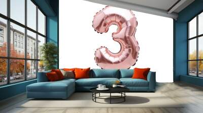 Large metallic number 3 balloon in rose gold, isolated on a bright white background Wall mural