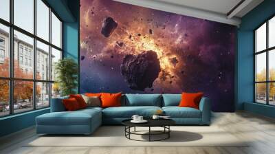 The dramatic sight of an asteroid breaking apart, with fragments scattering across the cosmic void Wall mural